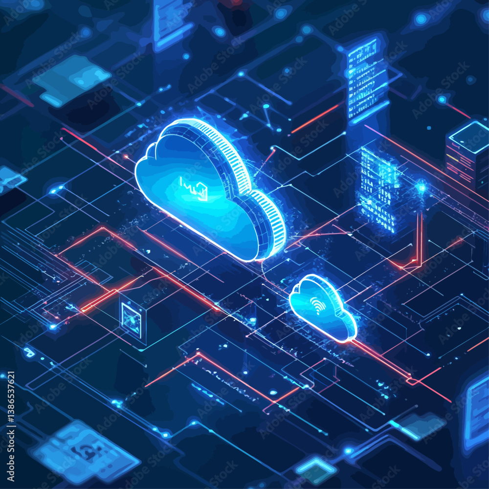 Poster cloud computing network connection with data transmission and cybersecurity