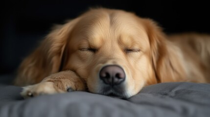 Golden Retriever resting peacefully on a gray blanket.  Close-up portrait of a sleeping dog