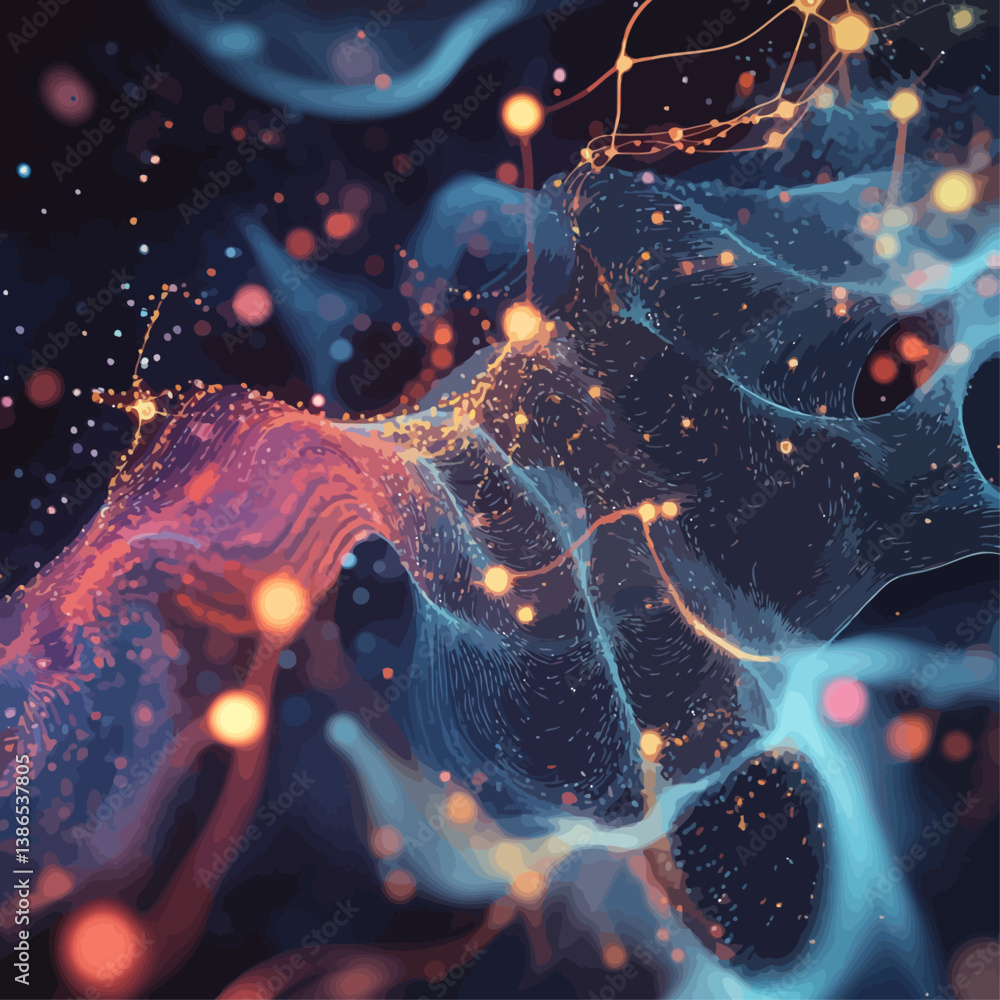 Poster abstract data visualization with glowing nodes and flowing lines in shades of blue and orange.