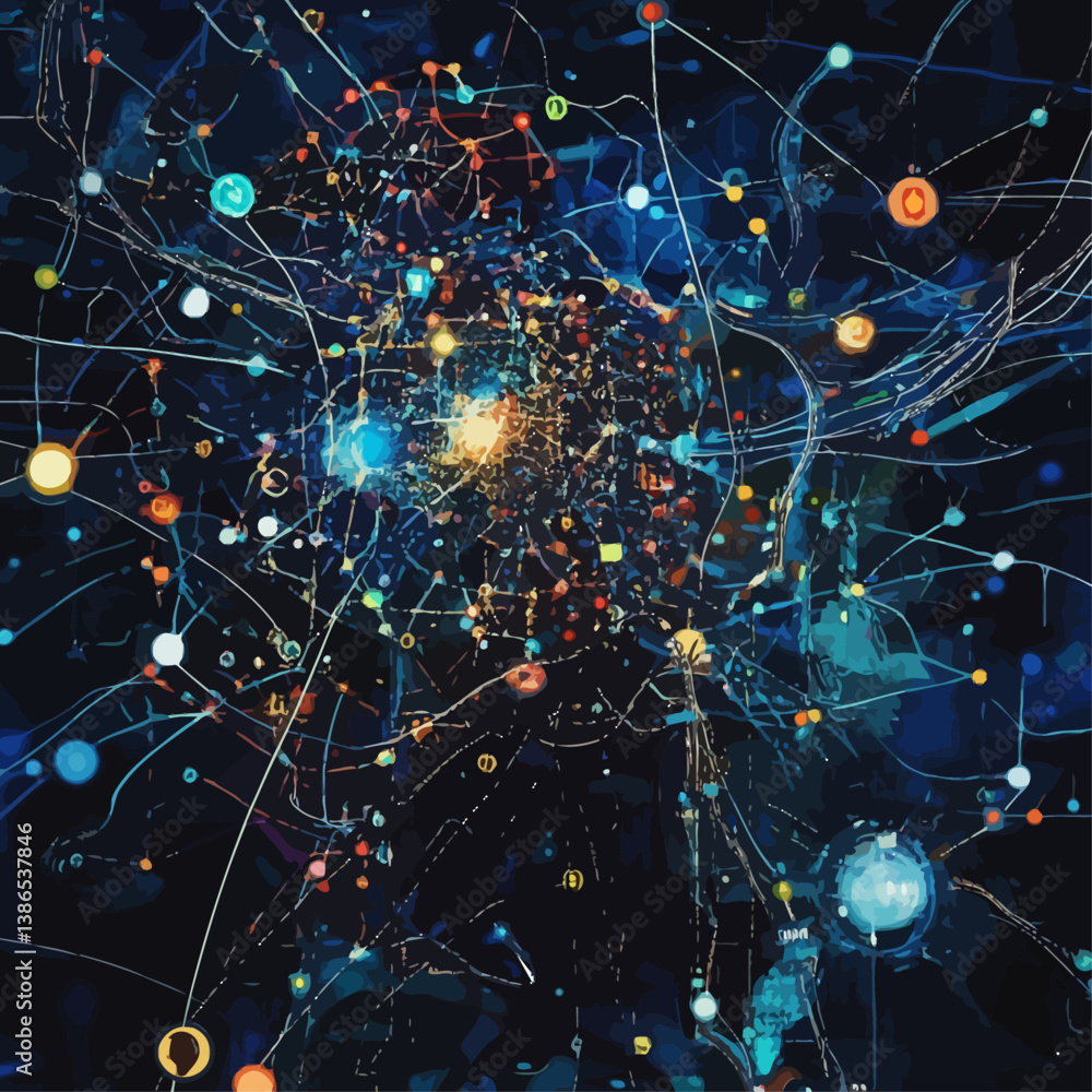 Poster complex network of interconnected nodes and data streams on dark background