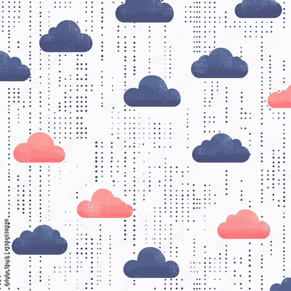 Poster seamless cloud data pattern with blue and coral clouds on dotted background