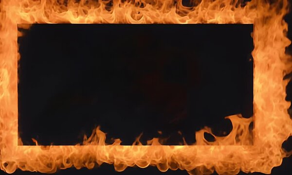 Vivid frame of fiery flames on a dark background. Orange and yellow light illuminates the abstract shapes of dancing fire