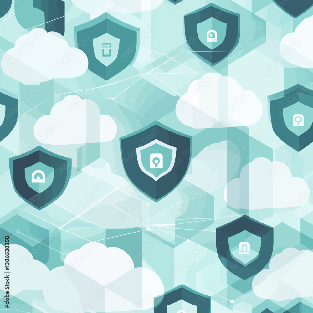 Poster cloud security shields on hexagon network