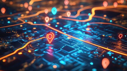 Futuristic aerial urban navigation map visualization in dynamic cityscape art