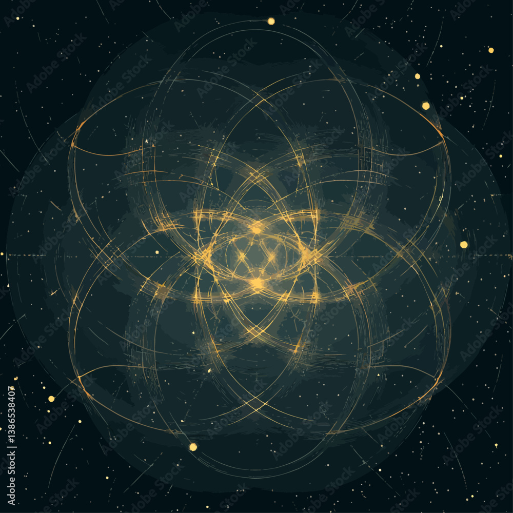 Poster geometric pattern of circles creating a cosmic flower with stardust on a dark background.
