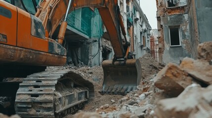 Fototapeta premium Close-up of an excavator at a construction site, backhoe digging soil for earthwork and construction business, showcasing heavy machinery used in construction and site development