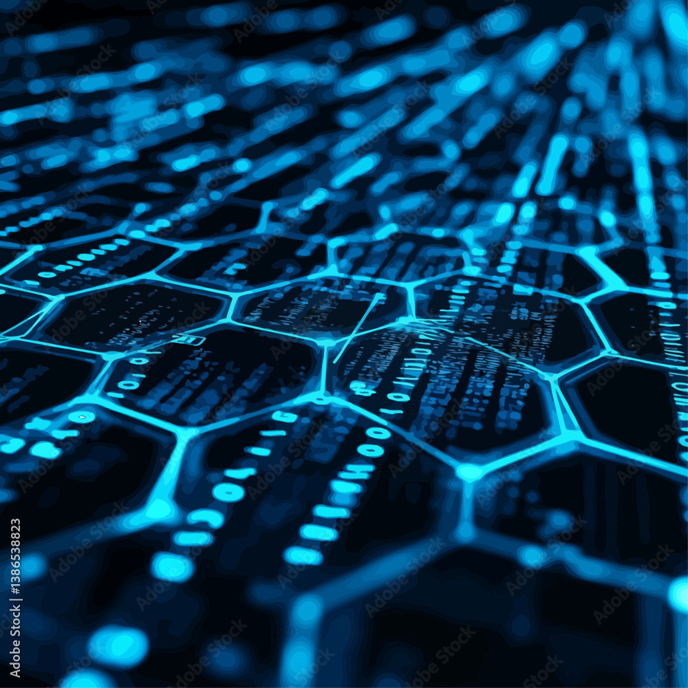 Poster abstract blue hexagon network with binary code