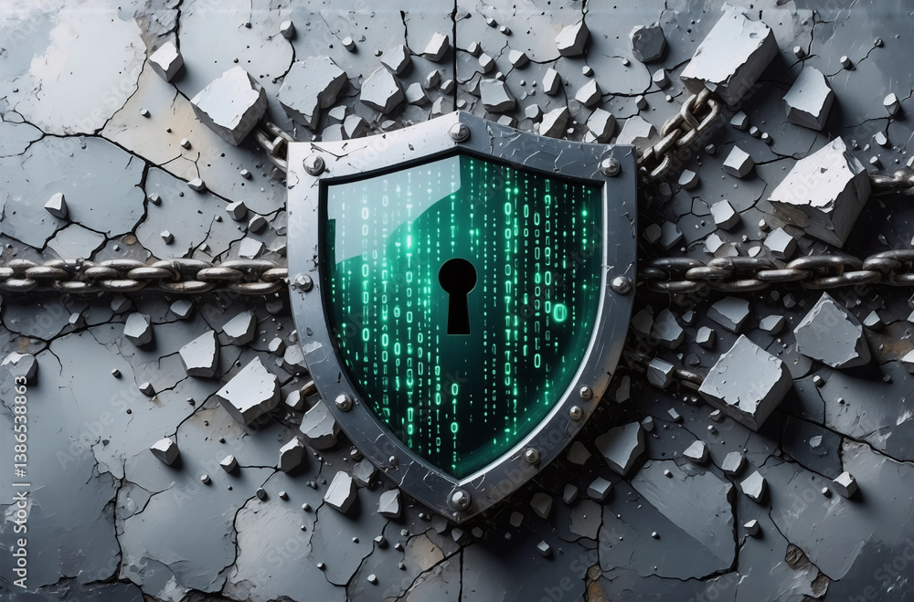 Aufkleber a digital shield with a keyhole is chained to a cracked wall, symbolizing strong cyber protection an