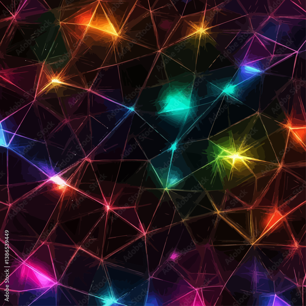 Poster colorful abstract network of interconnected glowing triangles on dark background