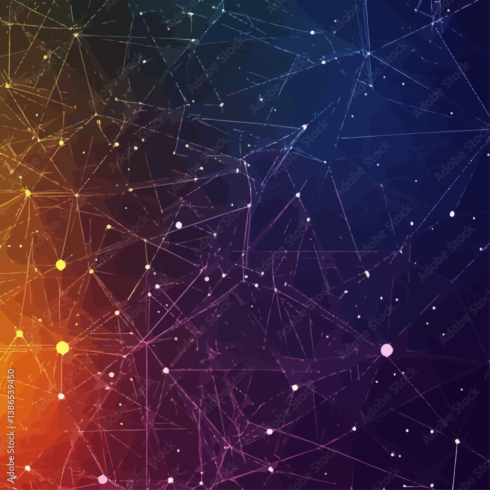Poster abstract network of connected dots and lines in a vibrant gradient color scheme.
