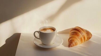A freshly brewed cup of coffee with a croissant on the side. Featuring comforting mornings