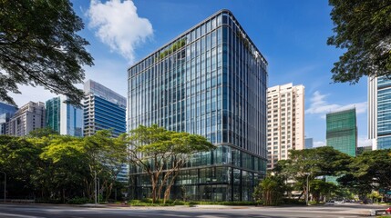Obraz premium Eco-friendly sustainable green building with glass facade and tree in front, designed to reduce carbon dioxide emissions and create a green office environment with safety glass