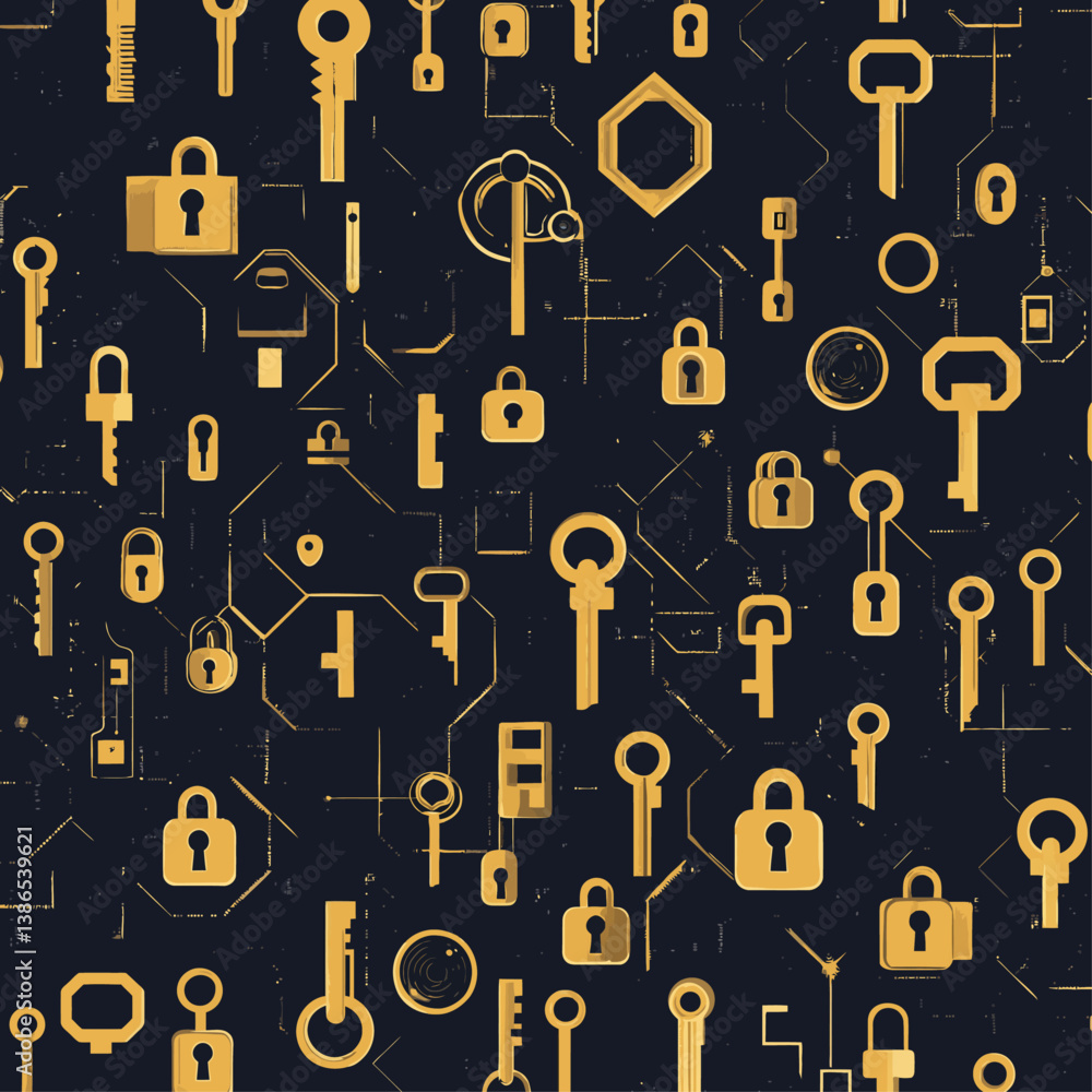Poster golden keys and locks on a digital circuit board background