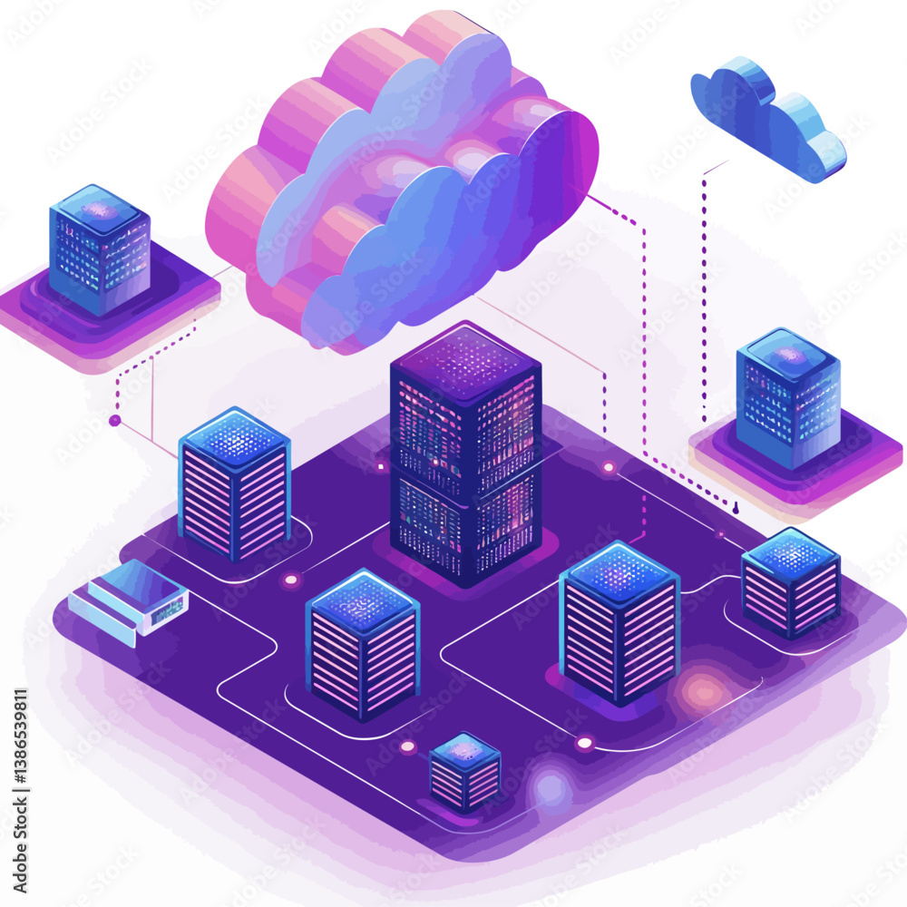 Poster digital cloud storage, data flow, modern networking concept.
