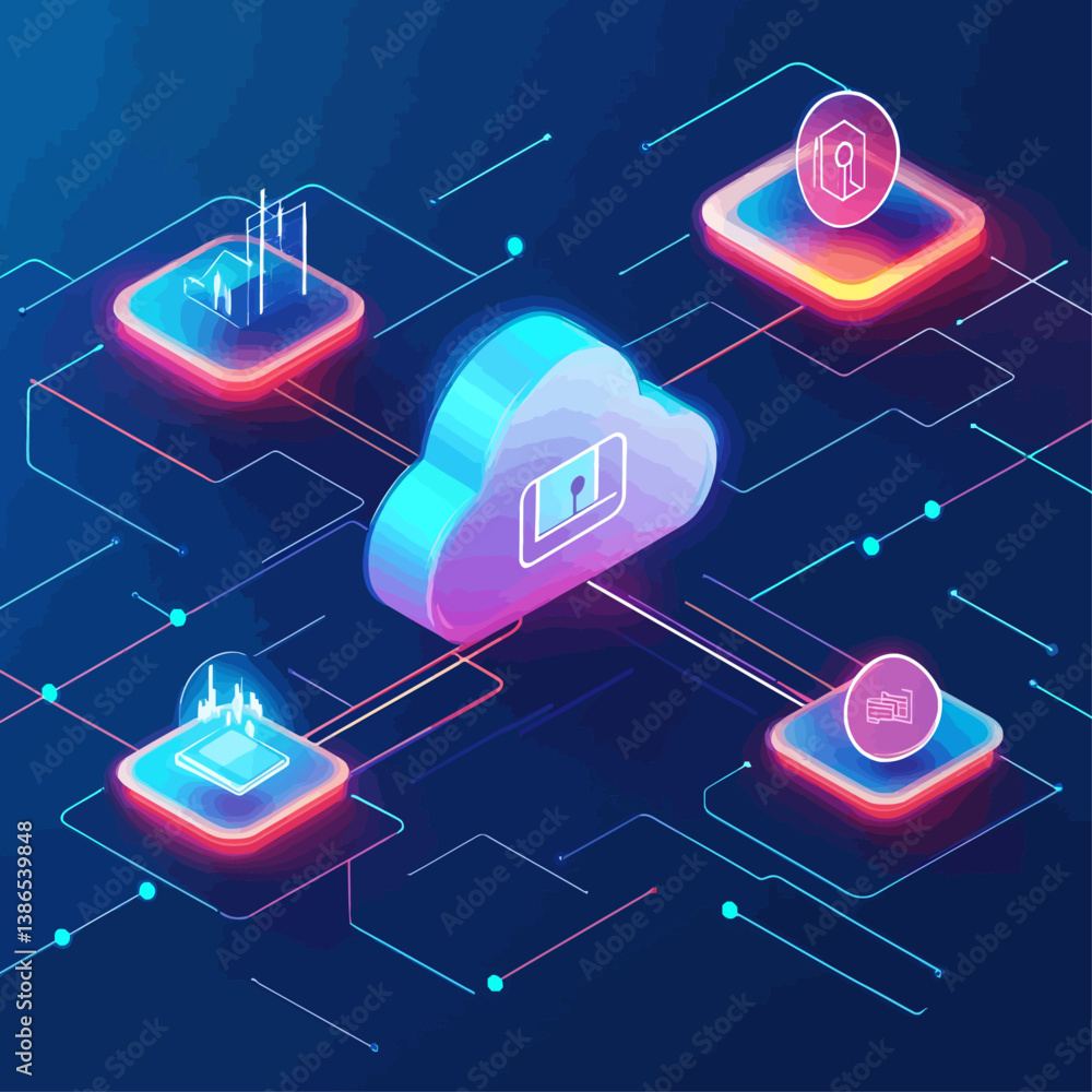 Poster cloud technology representing data security and global network connectivity, innovation concept