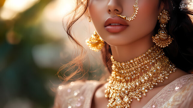 Radiant Bride Adorned in Gold: A captivating close-up of a bride elegantly draped in exquisite gold jewelry, her features accentuated by radiant light, an embodiment of grace and beauty.