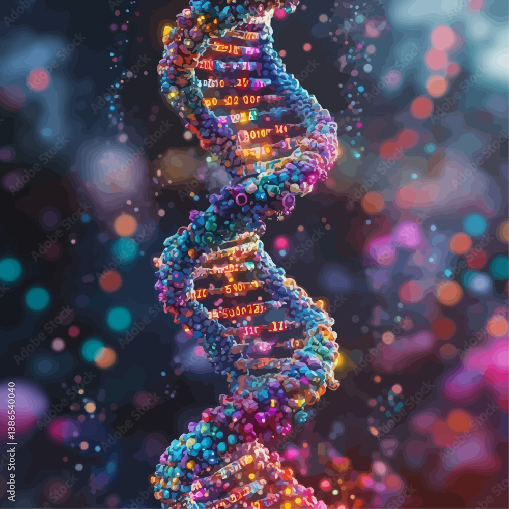 Aufkleber colorful dna double helix with digital code on dark bokeh background