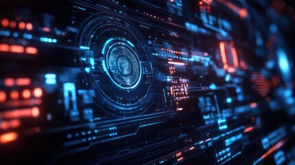 Obraz premium Complex futuristic interface with circular elements and glowing digital patterns