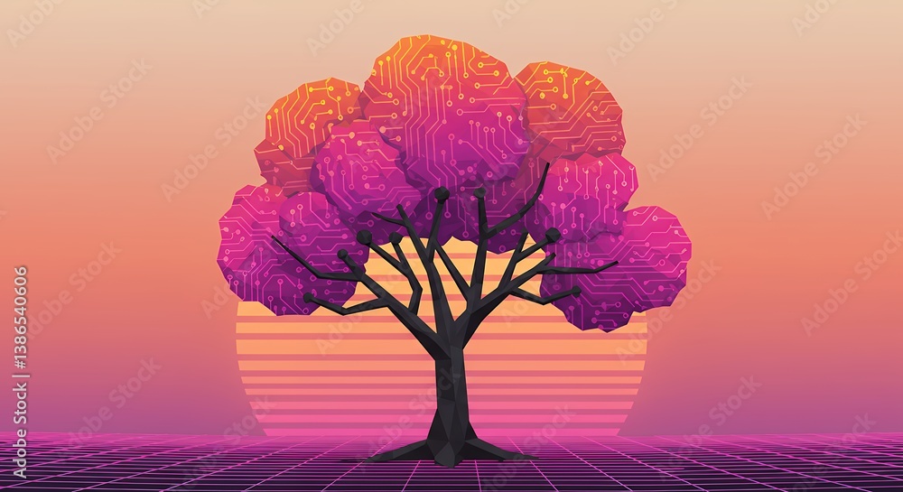 Poster futuristic circuit tree illustration with digital network pattern against sunset background for tech