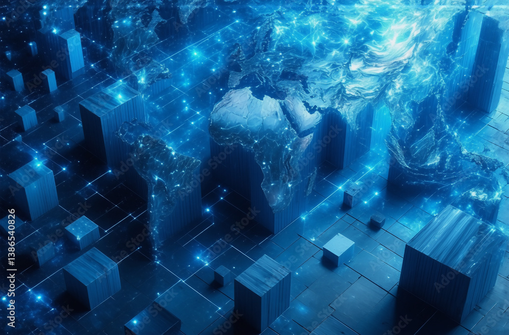 Poster abstract blue cityscape with interconnected glowing lines and blocks, creating a futuristic digital 