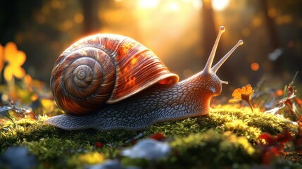 Snail on mossy ground, autumn sun