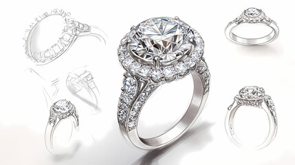 The Sparkle of Design: Intricate sketches and a dazzling ring showcasing the design process of elegance and refinement.