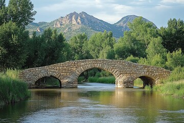 A Stone Bridge Spanning a Calm River Beneath Majestic Mountains