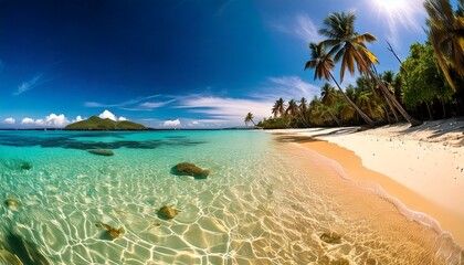Naklejka premium Tropical beach with white sand, clear blue water and coconut trees in the background.