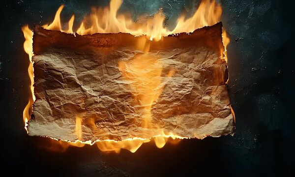 Charred paper engulfed in flames against a dark background, creating a dramatic effect with burnt edges
