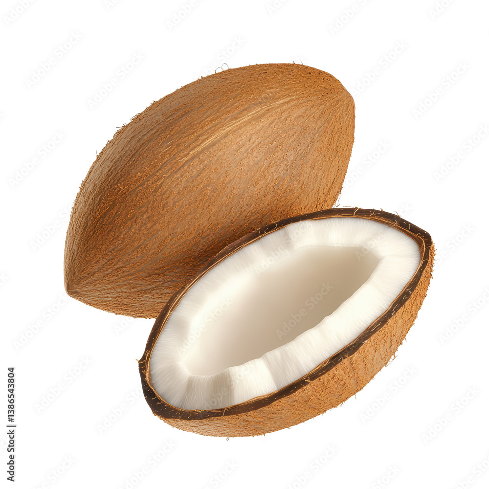 Poster whole coconut with brown rough displayed on a light surface highlighting its unique texture and trop