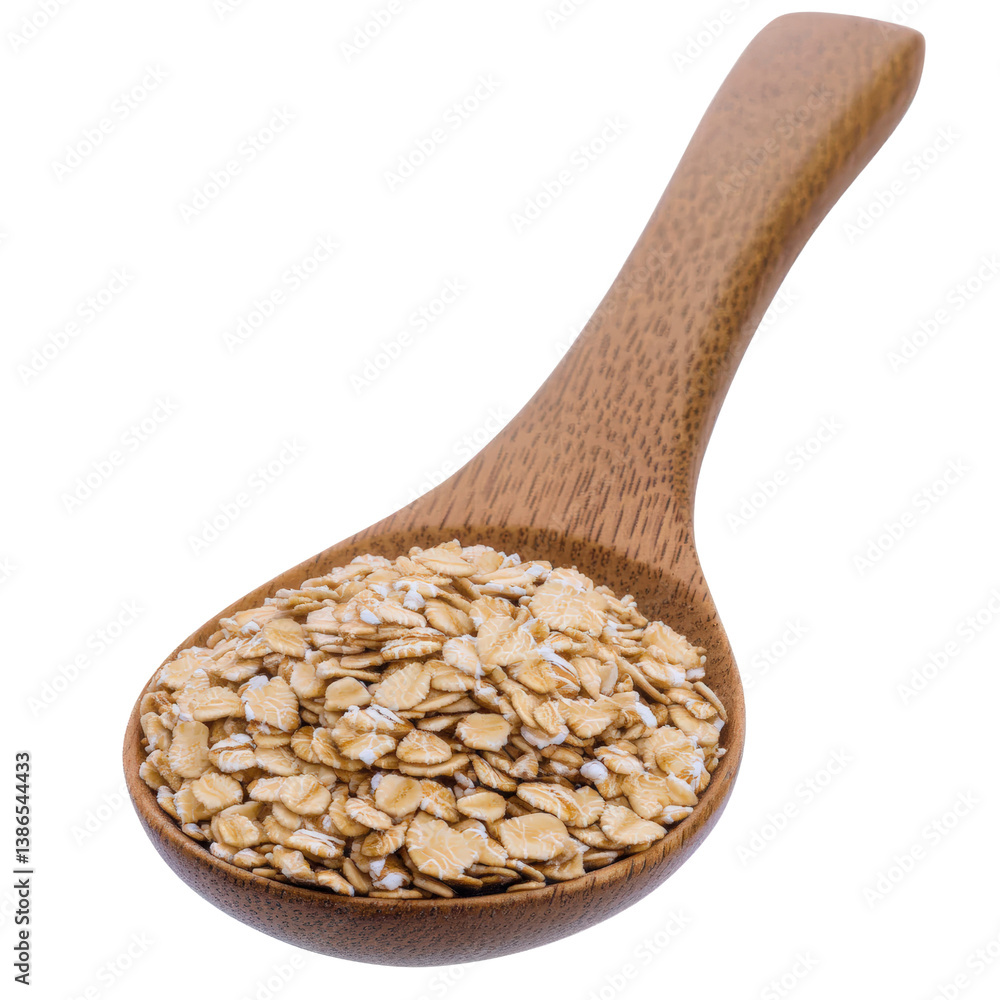 Poster wooden spoon filled with healthy oats on a rustic background surrounded by grains and natural elemen