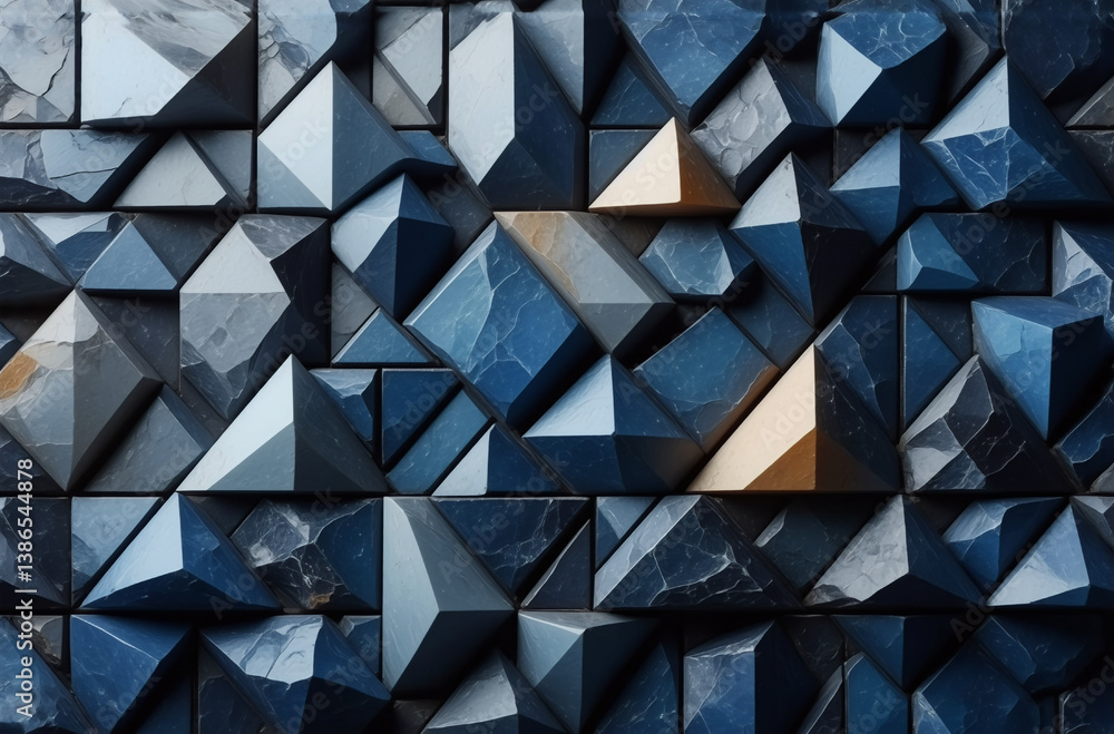 Poster abstract geometric background features an array of angular, three-dimensional shapes in shades of bl