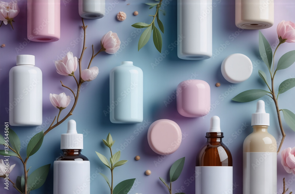 Poster cosmetic bottles and jars are displayed with pink flowers and green leaves on a soft purple surface.