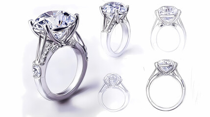 Diamond ring design: An artful composition of diamond ring with sketches revealing its intricate details. Capturing the elegance of its design, a symbol of luxury and love.