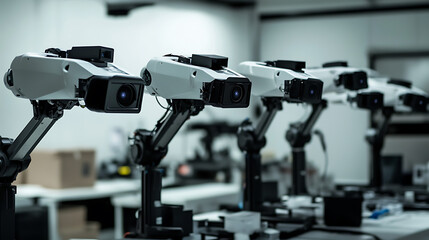 Mechanical arms assembling next gen biometric security systems with facial recognition in a security tech lab, robotic arms fitting cameras, sensors
