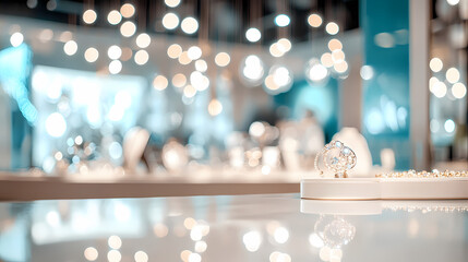 Elegance in the Showcase: A sparkling diamond ring sits regally, reflecting ambient light on the showroom floor, enticing shoppers into a world of luxury and allure. 