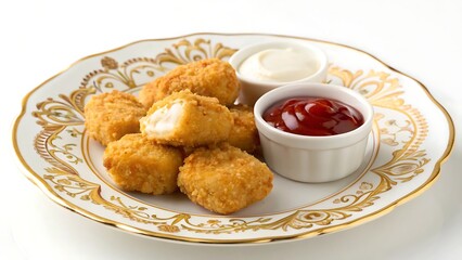 A plate of chicken nuggets with ketchup and mayonnaise on a decorative white and gold plate isolated