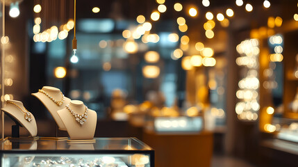 Elegant Jewelry Shop: Displaying exquisite necklaces and gemstones in a dimly lit store, capturing the allure and luxury of a jewelry boutique. 