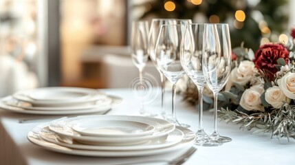 A classic table setting featuring crystal stemware and white plates with soft floral accents