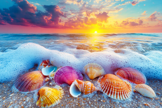 Vibrant, colorful seashells scattered on a sandy beach at sunrise, with soft pastel hues in the sky and gentle waves.
