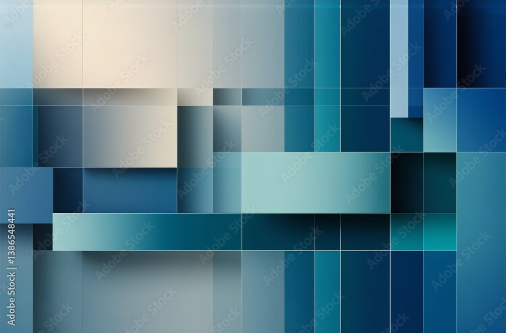Poster abstract geometric design featuring overlapping rectangles and squares in various shades of blue and