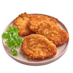 Crispy Fried Chicken Patties on a Plate with Fresh Cilantro Garnish on transparent background