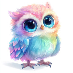 Obraz premium Whimsical pastel rainbow owl illustration for kids, colorful digital art design with cute, vibrant details and soft tones