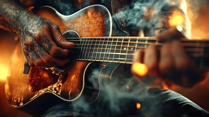 Obraz premium Tattooed Hands Play Guitar in Smoky Firelight.