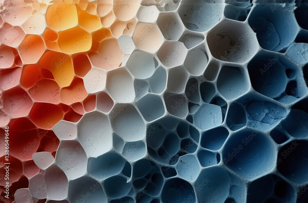 Poster abstract macro view of interconnected cells with a gradient of color transitioning from warm orange 