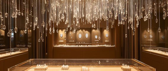Elegant Jewelry Display: Captivating the allure of timeless elegance and luxury, a jewelry store's interior, bathed in soft light, showcases exquisite pieces arranged with an artistic touch.