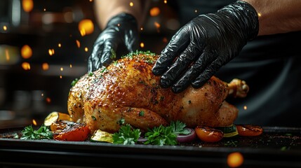 Roasted chicken, seasoned and cooked, on a baking sheet.  Chef's hands, in black gloves, carefully place it on the platter