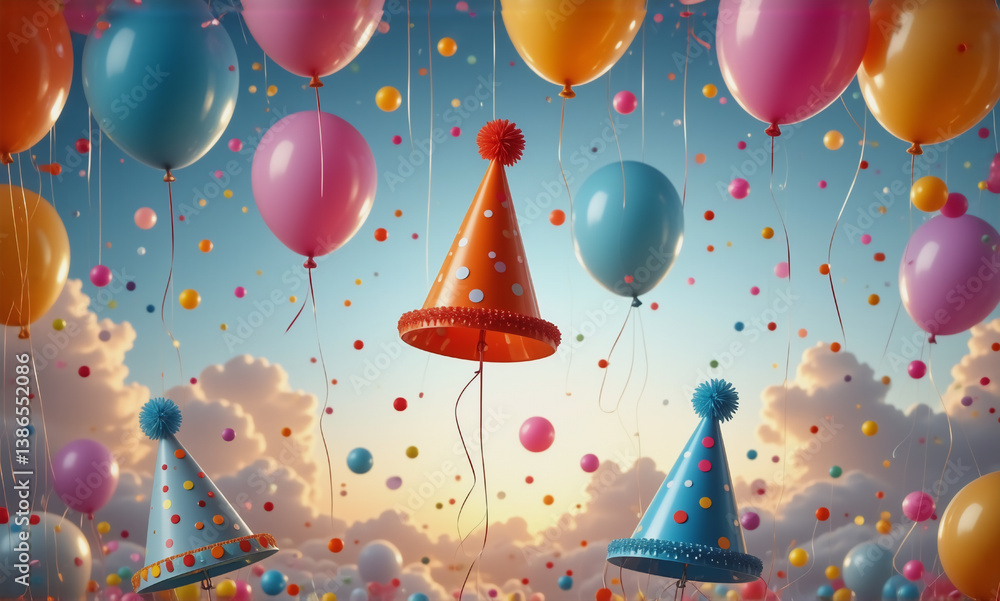Poster colorful balloons and party hats float playfully in a whimsical sky with soft clouds, creating a joy