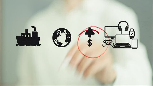 Businessman drawing and circling an upwards arrow next to electronics, representing the increasing cost of imported goods due to rising tariffs