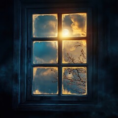 Frosted Window View with Moon and Clouds at Nightfall